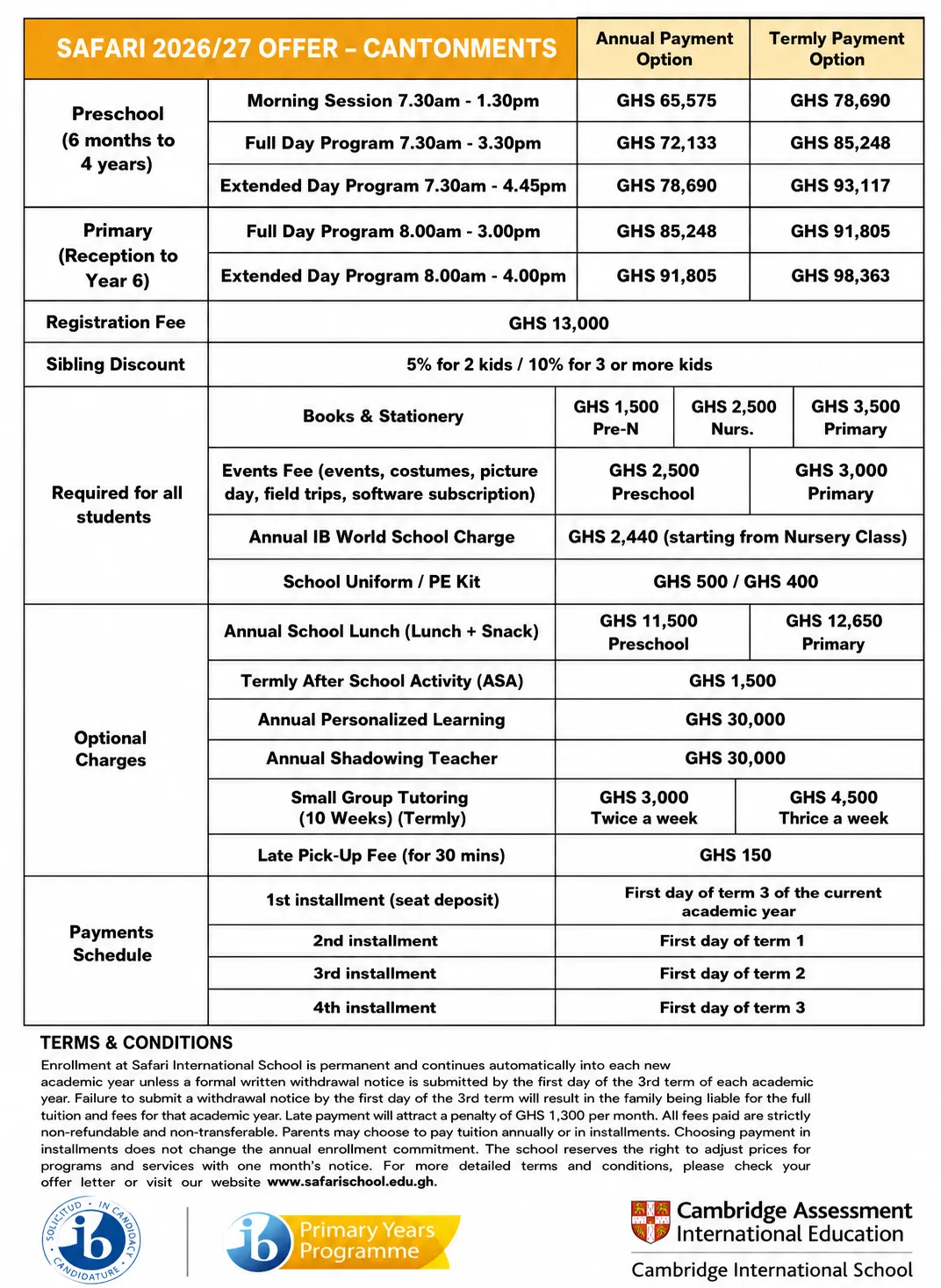 Cantonments fees structure 2026/27
