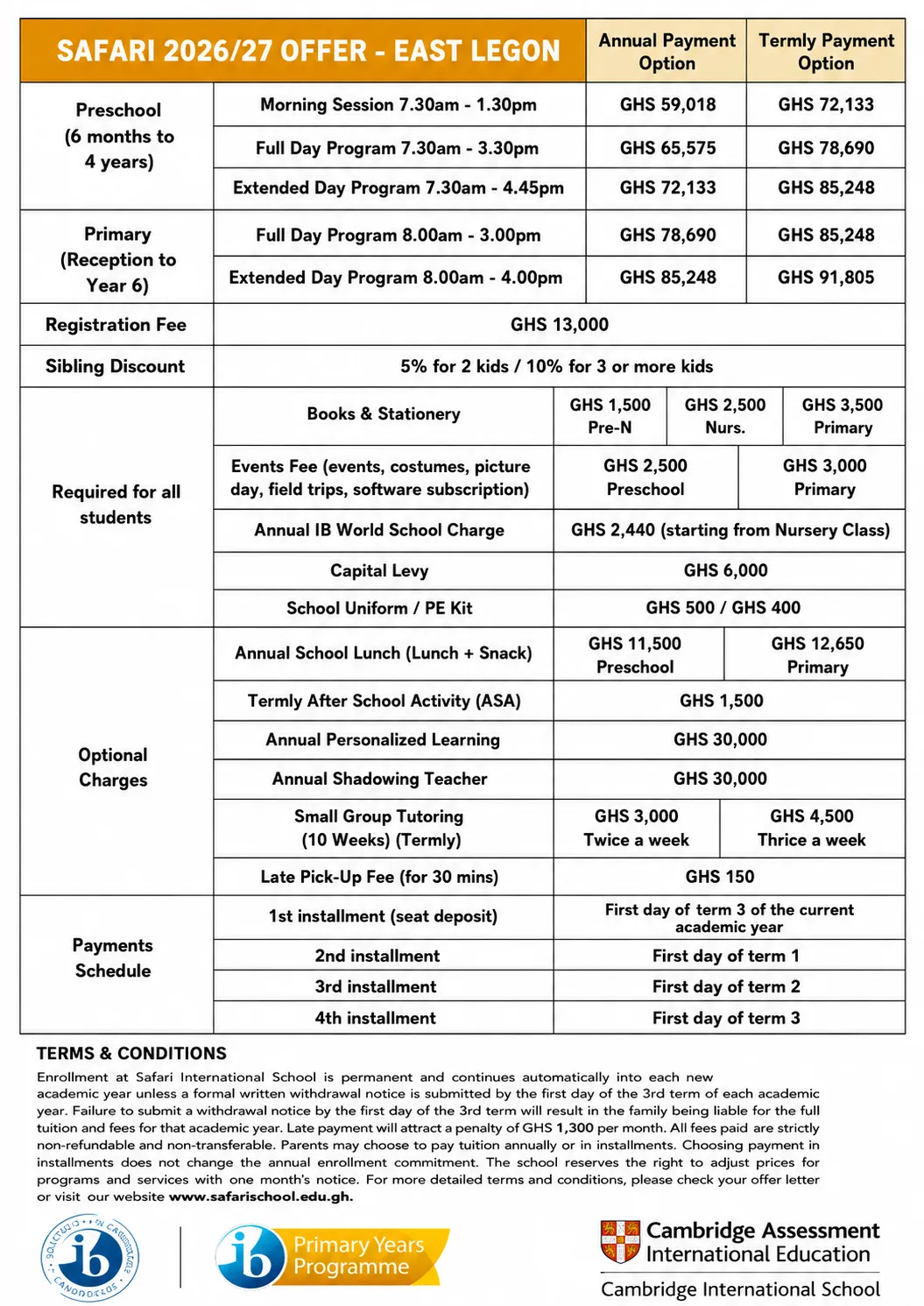 East Legon fees structure 2026/27
