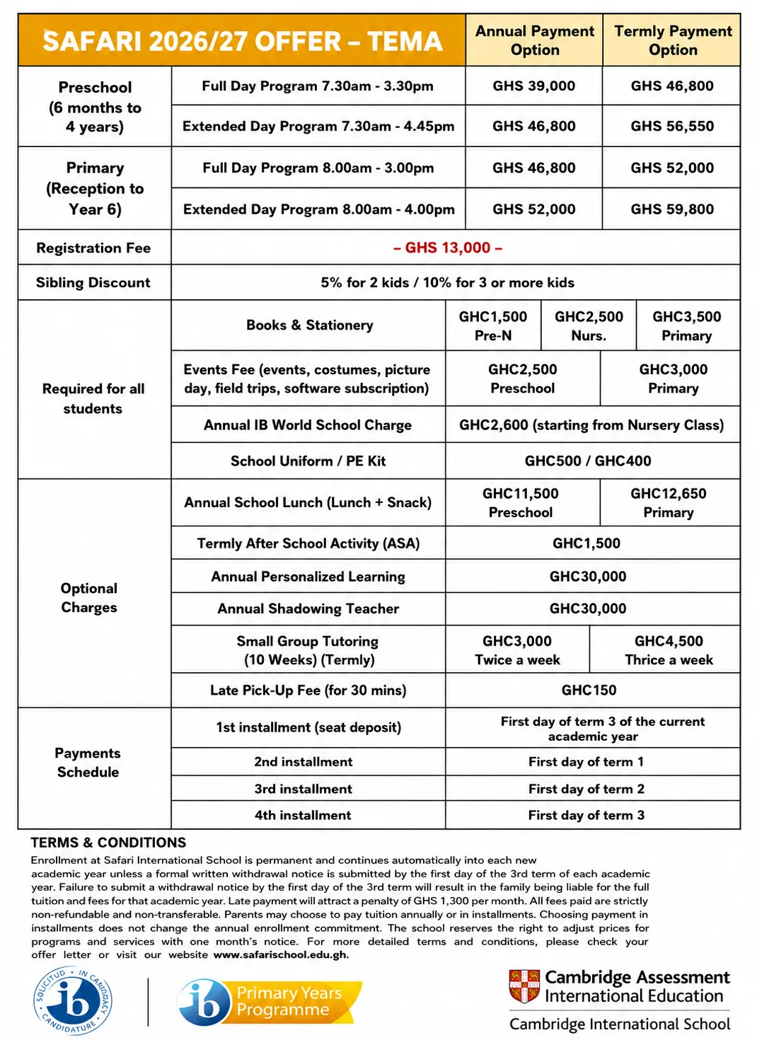 Tema fees structure 2026/27